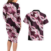 Puakenikeni Maile Lei Couples Matching Long Sleeve Bodycon Dress and Hawaiian Shirt Frangipani Pink Tropical Leaves