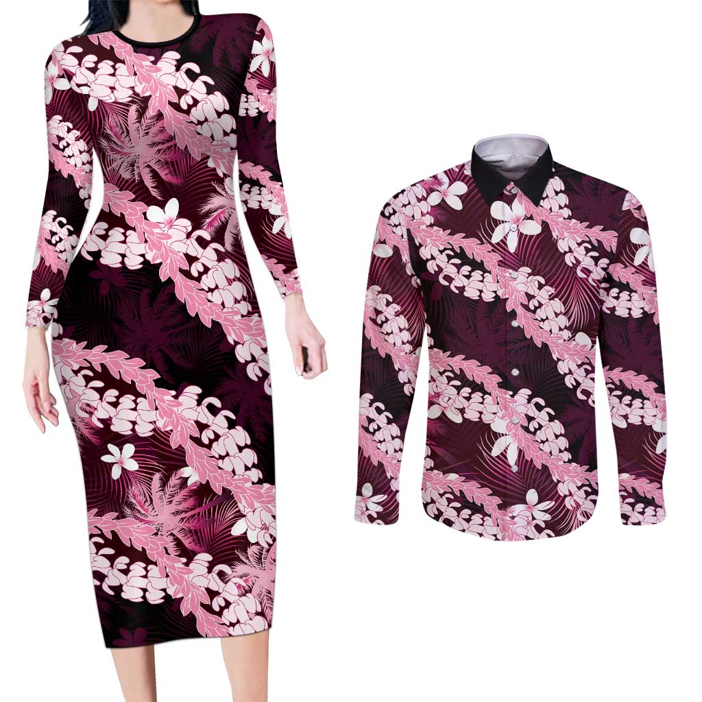 Puakenikeni Maile Lei Couples Matching Long Sleeve Bodycon Dress and Long Sleeve Button Shirt Frangipani Pink Tropical Leaves