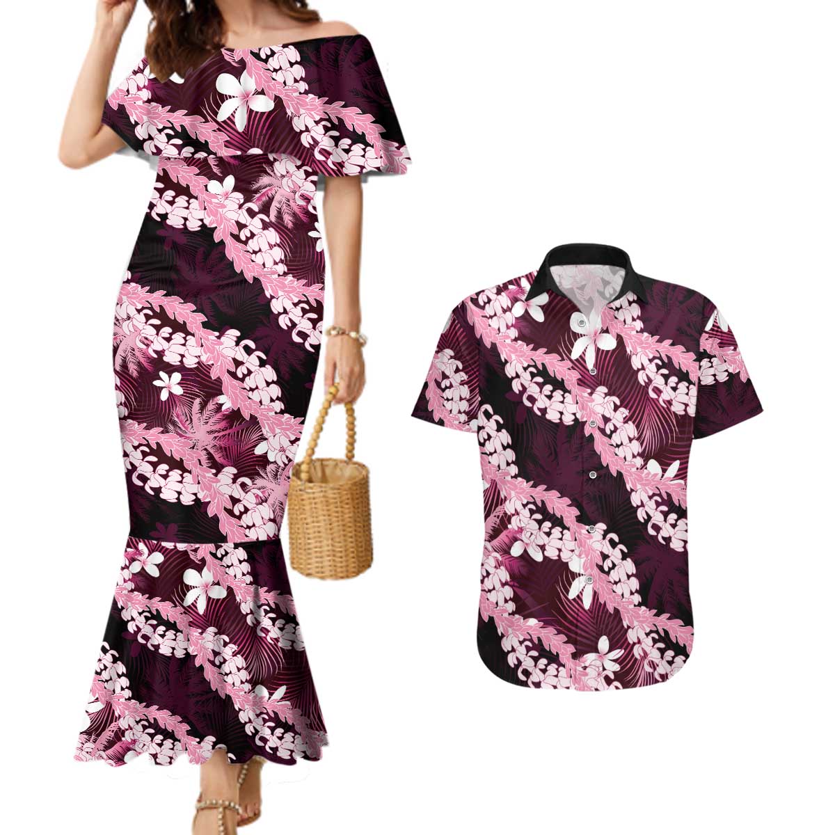 Puakenikeni Maile Lei Couples Matching Mermaid Dress and Hawaiian Shirt Frangipani Pink Tropical Leaves