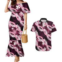 Puakenikeni Maile Lei Couples Matching Mermaid Dress and Hawaiian Shirt Frangipani Pink Tropical Leaves