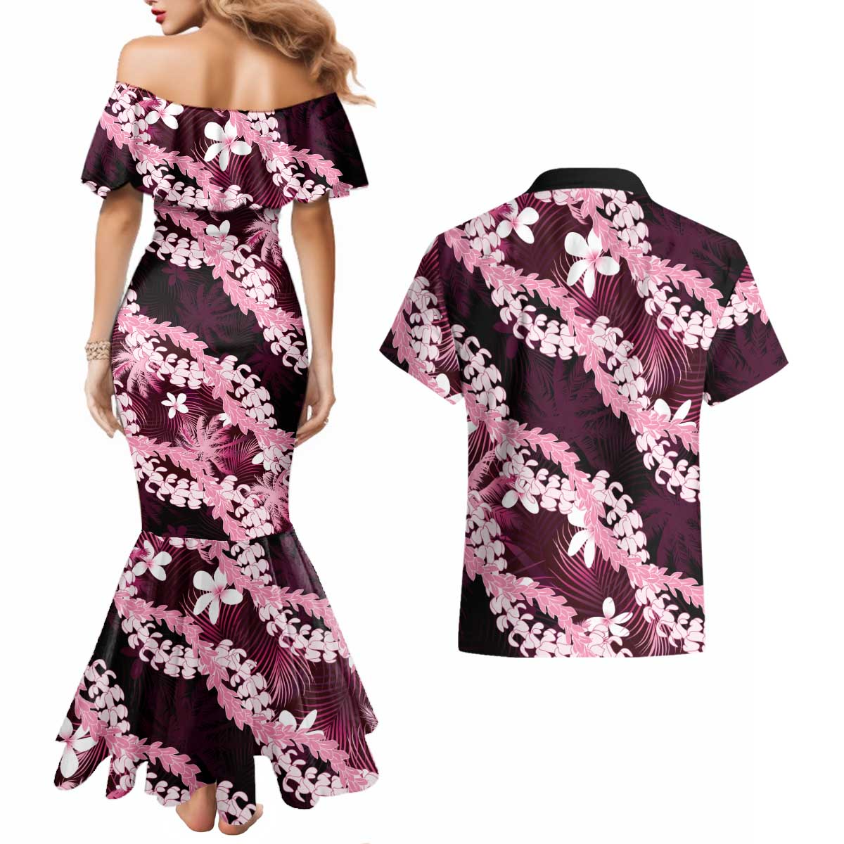 Puakenikeni Maile Lei Couples Matching Mermaid Dress and Hawaiian Shirt Frangipani Pink Tropical Leaves