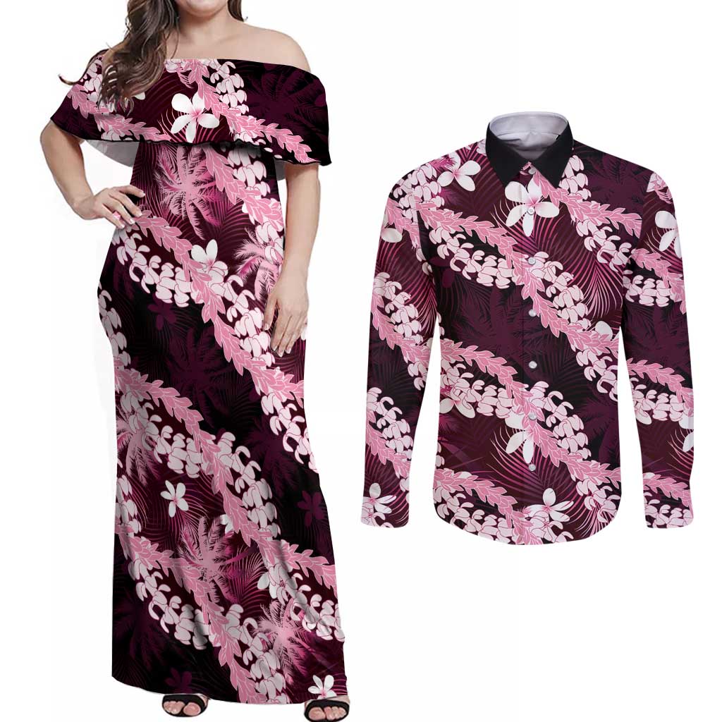 Puakenikeni Maile Lei Couples Matching Off Shoulder Maxi Dress and Long Sleeve Button Shirt Frangipani Pink Tropical Leaves