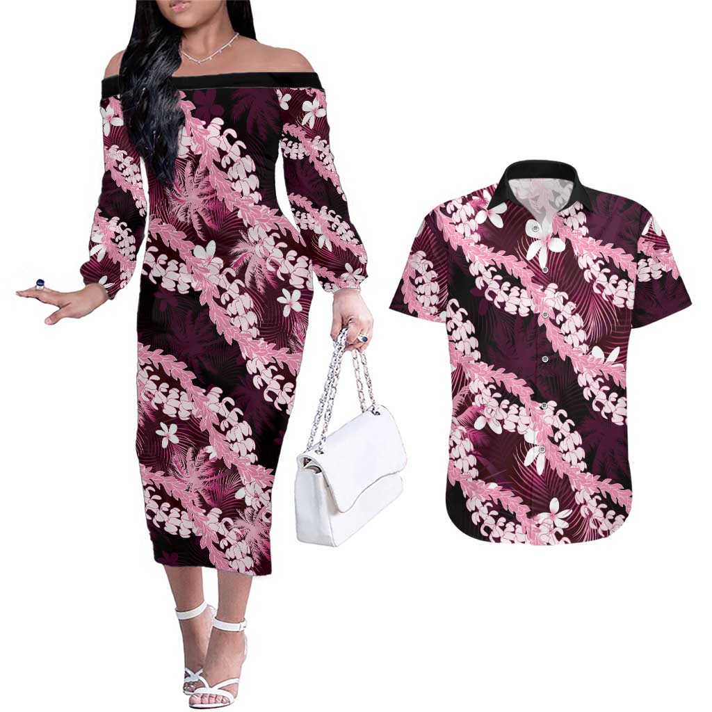 Puakenikeni Maile Lei Couples Matching Off The Shoulder Long Sleeve Dress and Hawaiian Shirt Frangipani Pink Tropical Leaves LT01 Pink - Polynesian Pride