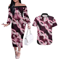Puakenikeni Maile Lei Couples Matching Off The Shoulder Long Sleeve Dress and Hawaiian Shirt Frangipani Pink Tropical Leaves LT01 Pink - Polynesian Pride
