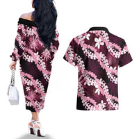 Puakenikeni Maile Lei Couples Matching Off The Shoulder Long Sleeve Dress and Hawaiian Shirt Frangipani Pink Tropical Leaves LT01 - Polynesian Pride