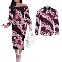 Puakenikeni Maile Lei Couples Matching Off The Shoulder Long Sleeve Dress and Long Sleeve Button Shirt Frangipani Pink Tropical Leaves