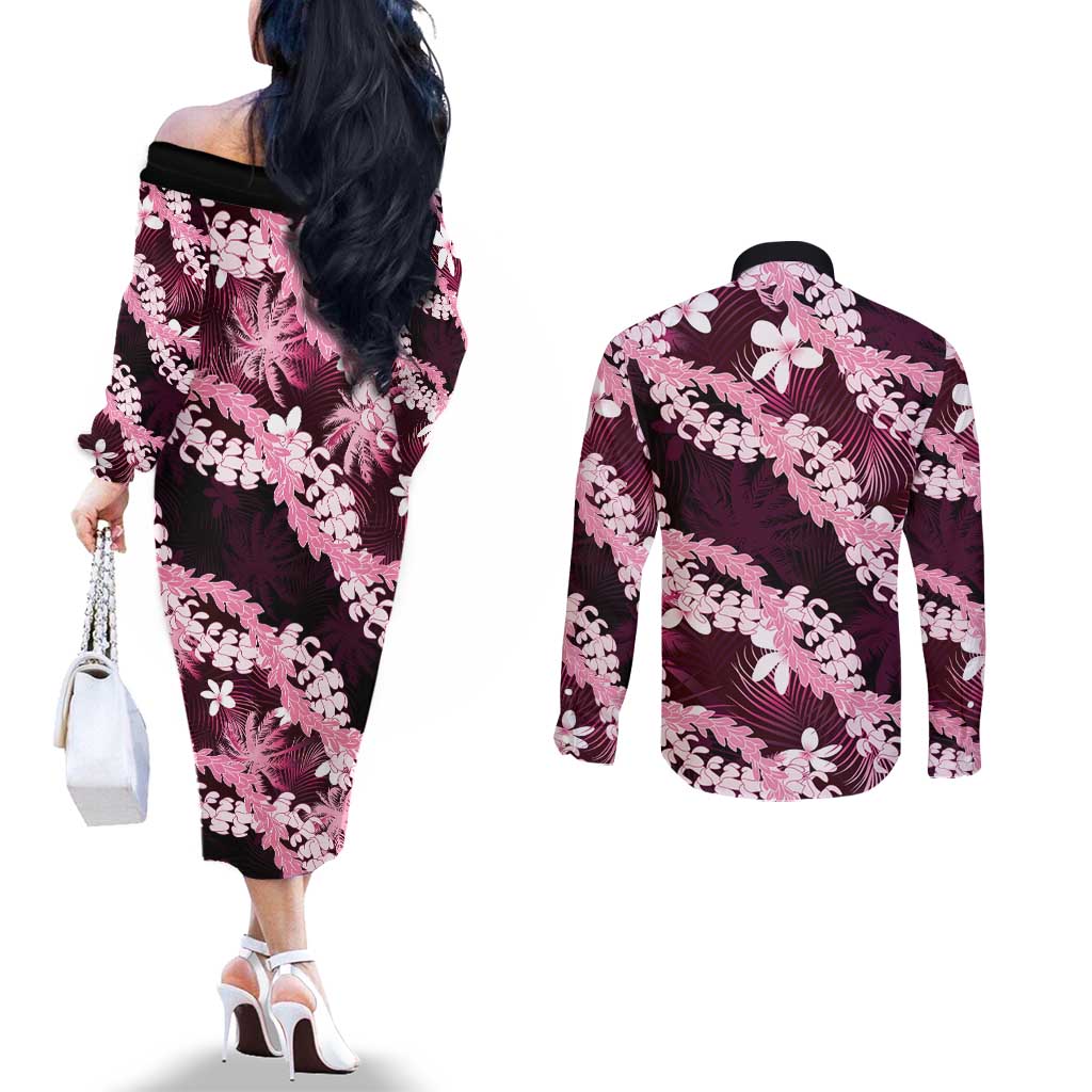 Puakenikeni Maile Lei Couples Matching Off The Shoulder Long Sleeve Dress and Long Sleeve Button Shirt Frangipani Pink Tropical Leaves
