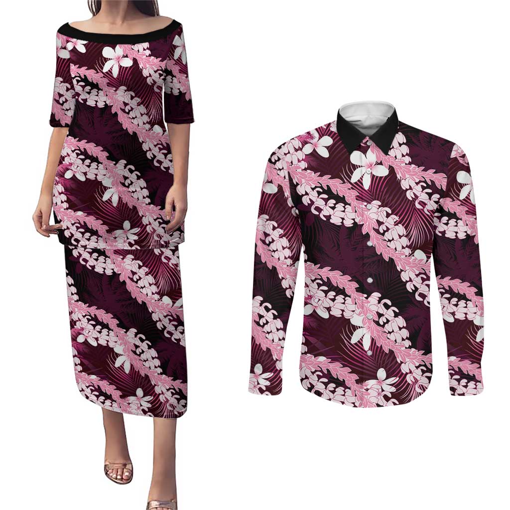 Puakenikeni Maile Lei Couples Matching Puletasi and Long Sleeve Button Shirt Frangipani Pink Tropical Leaves LT01 Pink - Polynesian Pride