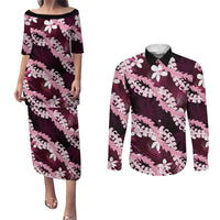 Puakenikeni Maile Lei Couples Matching Puletasi and Long Sleeve Button Shirt Frangipani Pink Tropical Leaves LT01 Pink - Polynesian Pride