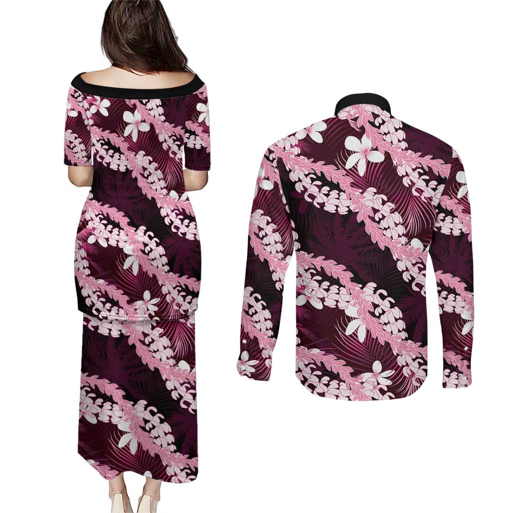 Puakenikeni Maile Lei Couples Matching Puletasi and Long Sleeve Button Shirt Frangipani Pink Tropical Leaves LT01 - Polynesian Pride