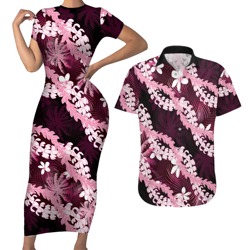 Puakenikeni Maile Lei Couples Matching Short Sleeve Bodycon Dress and Hawaiian Shirt Frangipani Pink Tropical Leaves