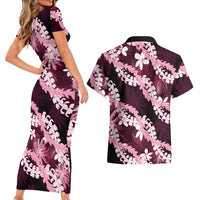 Puakenikeni Maile Lei Couples Matching Short Sleeve Bodycon Dress and Hawaiian Shirt Frangipani Pink Tropical Leaves