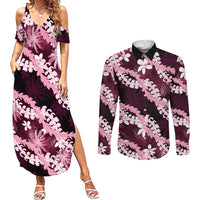Puakenikeni Maile Lei Couples Matching Summer Maxi Dress and Long Sleeve Button Shirt Frangipani Pink Tropical Leaves