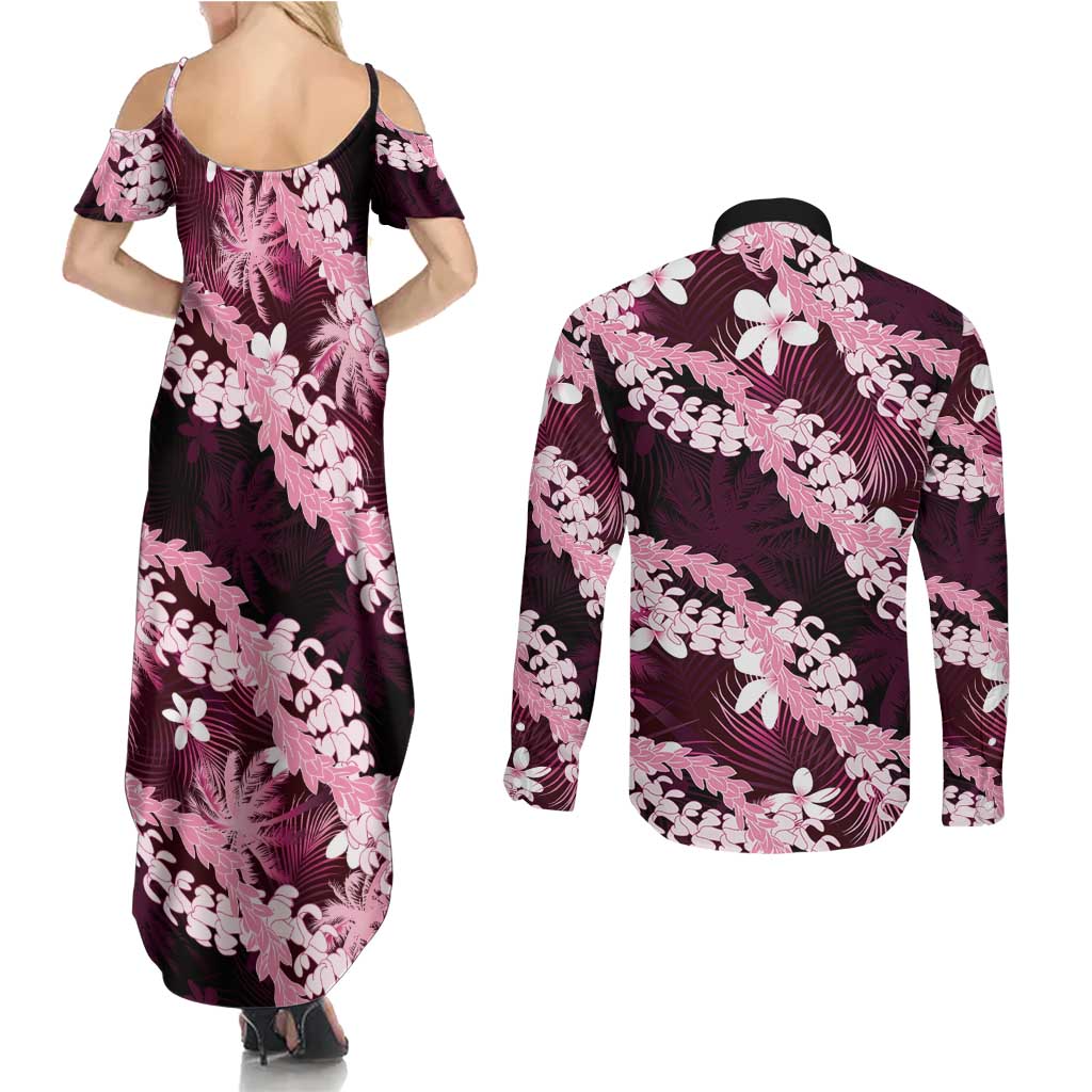 Puakenikeni Maile Lei Couples Matching Summer Maxi Dress and Long Sleeve Button Shirt Frangipani Pink Tropical Leaves