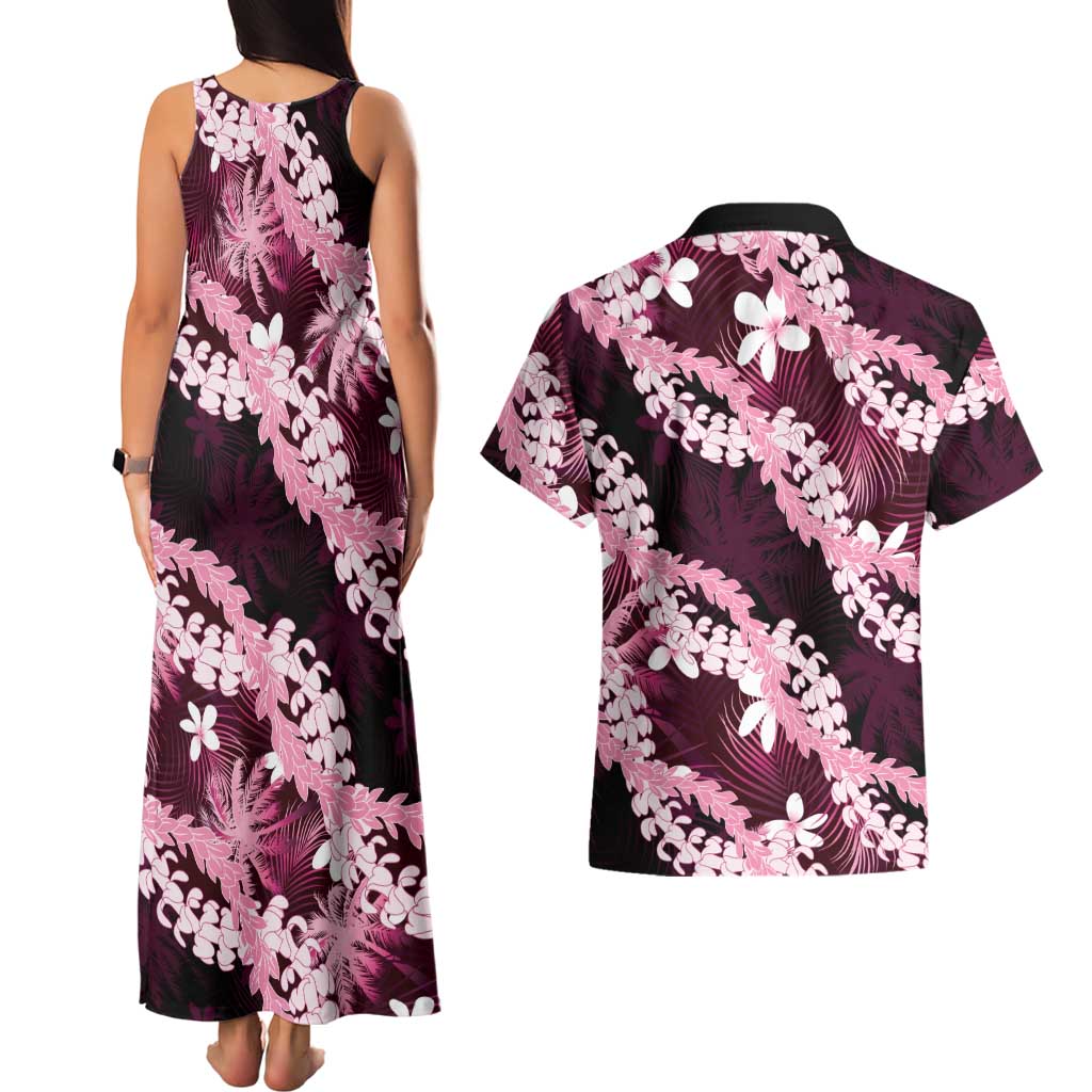 Puakenikeni Maile Lei Couples Matching Tank Maxi Dress and Hawaiian Shirt Frangipani Pink Tropical Leaves