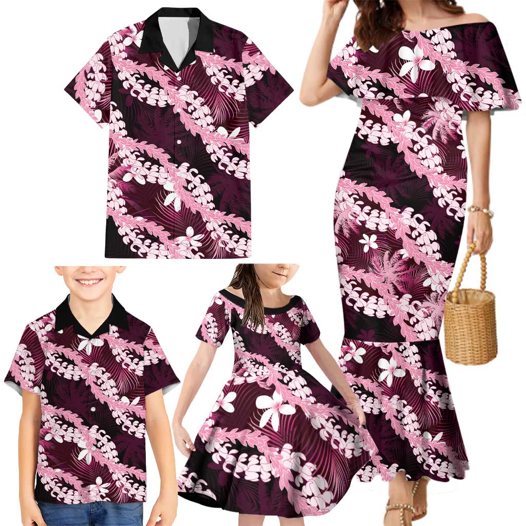 Puakenikeni Maile Lei Family Matching Mermaid Dress and Hawaiian Shirt Frangipani Pink Tropical Leaves