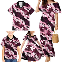 Puakenikeni Maile Lei Family Matching Mermaid Dress and Hawaiian Shirt Frangipani Pink Tropical Leaves