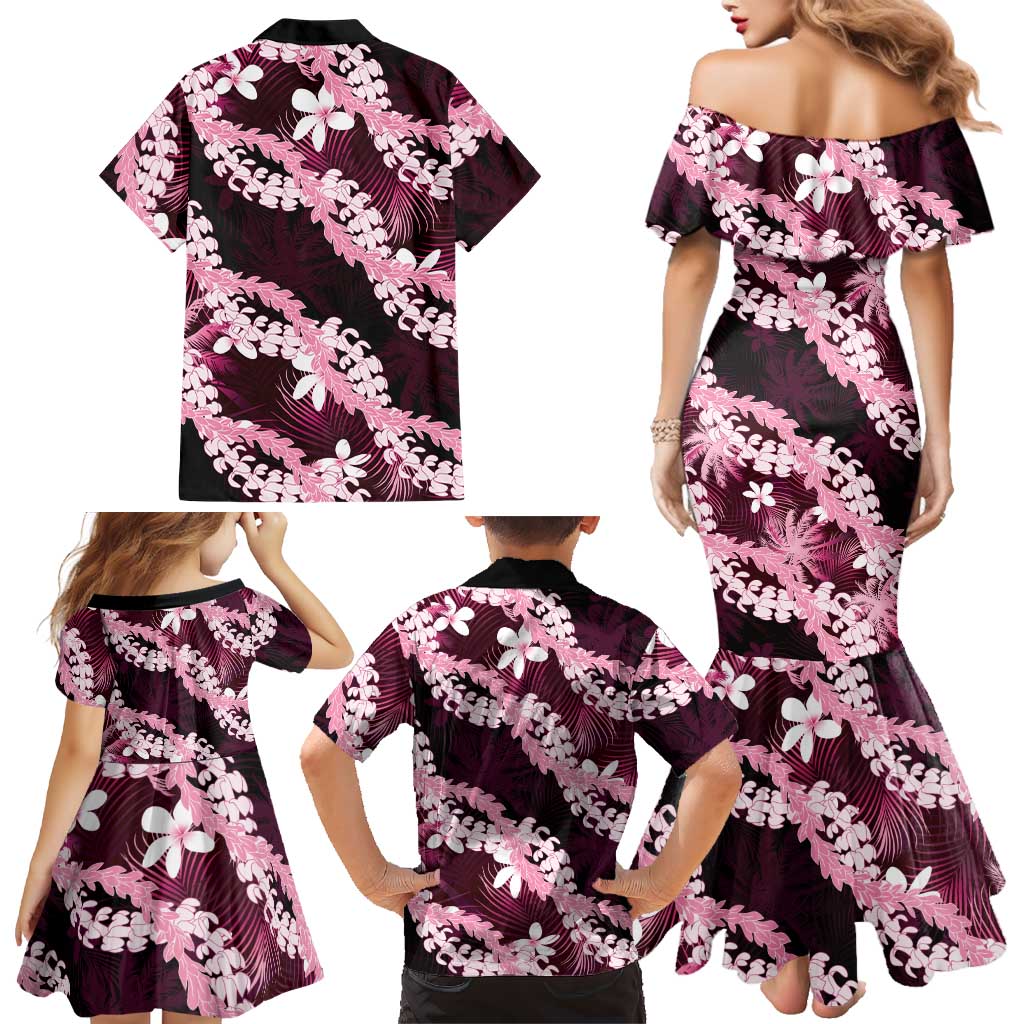 Puakenikeni Maile Lei Family Matching Mermaid Dress and Hawaiian Shirt Frangipani Pink Tropical Leaves