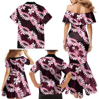 Puakenikeni Maile Lei Family Matching Mermaid Dress and Hawaiian Shirt Frangipani Pink Tropical Leaves