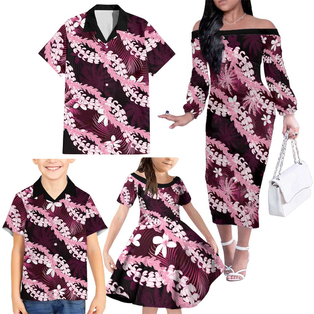 Puakenikeni Maile Lei Family Matching Off The Shoulder Long Sleeve Dress and Hawaiian Shirt Frangipani Pink Tropical Leaves