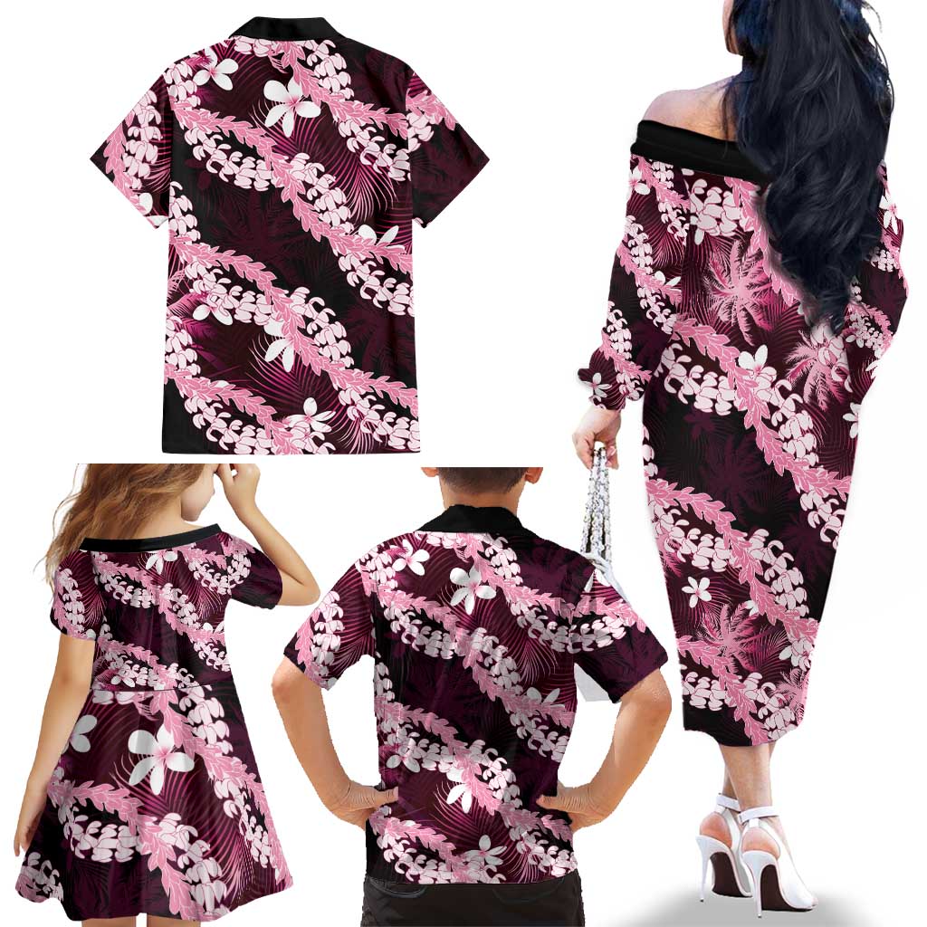 Puakenikeni Maile Lei Family Matching Off The Shoulder Long Sleeve Dress and Hawaiian Shirt Frangipani Pink Tropical Leaves