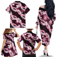 Puakenikeni Maile Lei Family Matching Off The Shoulder Long Sleeve Dress and Hawaiian Shirt Frangipani Pink Tropical Leaves