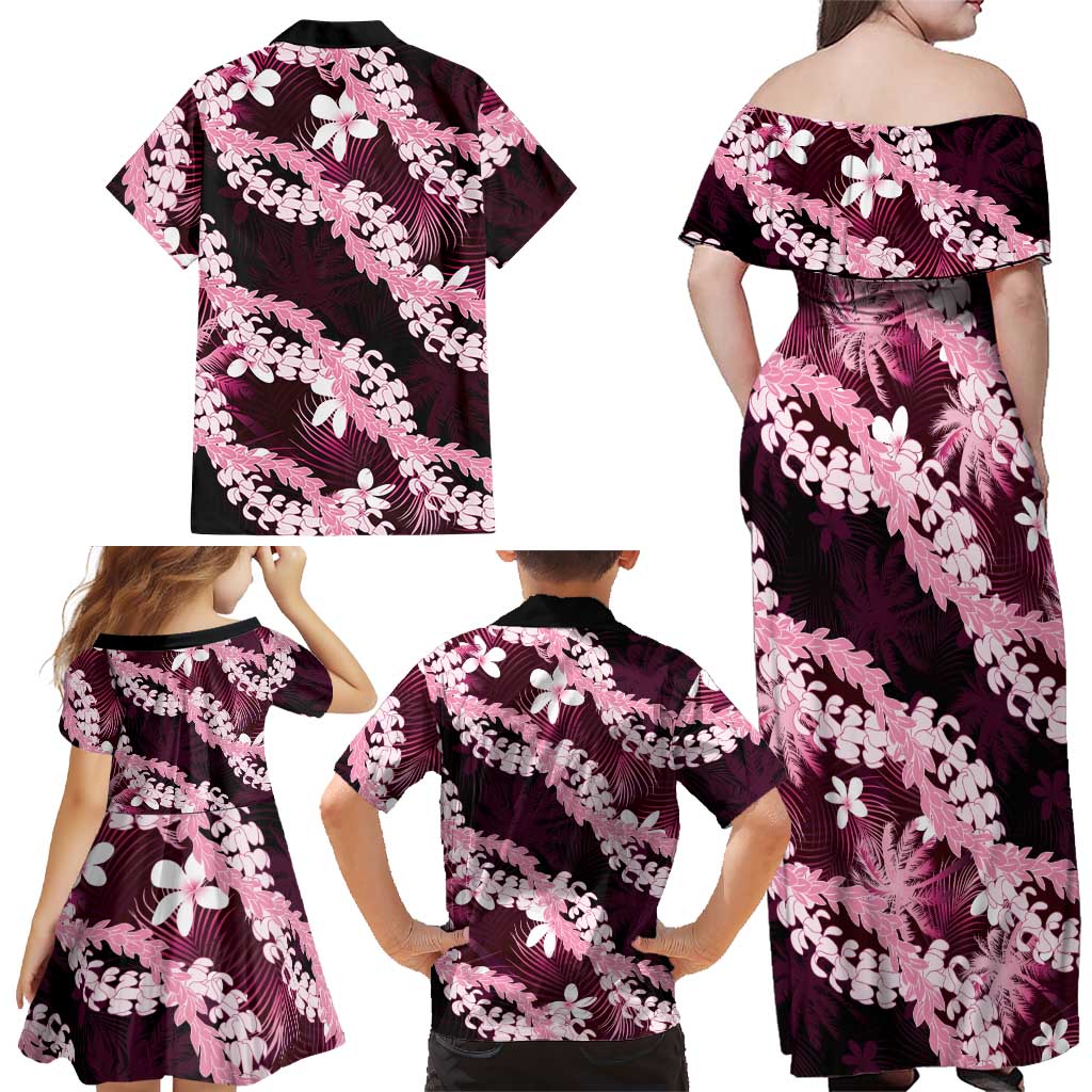 Puakenikeni Maile Lei Family Matching Off Shoulder Maxi Dress and Hawaiian Shirt Frangipani Pink Tropical Leaves