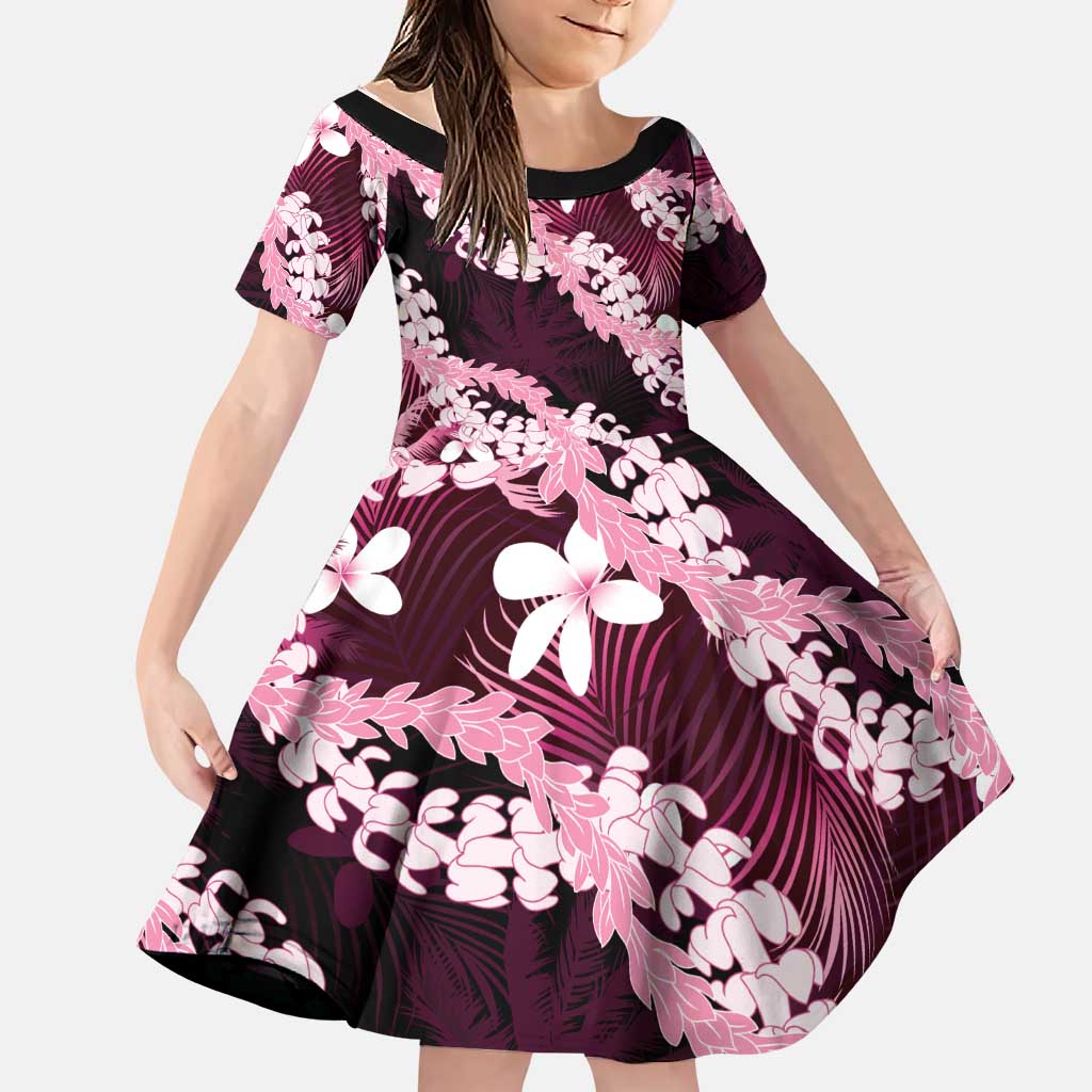 Puakenikeni Maile Lei Family Matching Off Shoulder Short Dress and Hawaiian Shirt Frangipani Pink Tropical Leaves LT01 Daughter's Dress Pink - Polynesian Pride