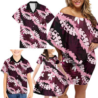Puakenikeni Maile Lei Family Matching Off Shoulder Short Dress and Hawaiian Shirt Frangipani Pink Tropical Leaves LT01 - Polynesian Pride