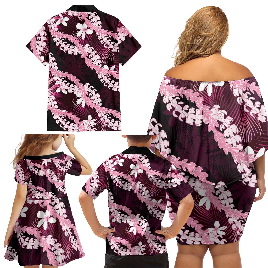 Puakenikeni Maile Lei Family Matching Off Shoulder Short Dress and Hawaiian Shirt Frangipani Pink Tropical Leaves LT01 - Polynesian Pride