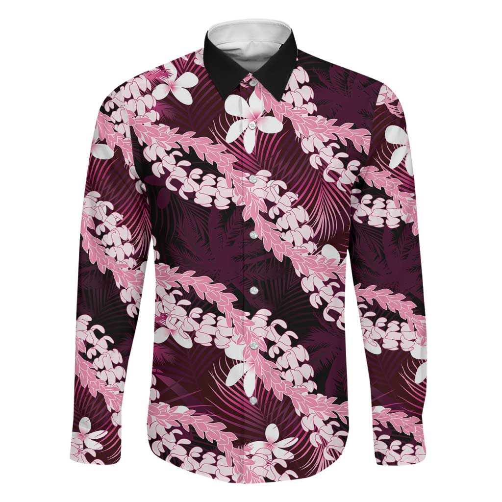 Puakenikeni Maile Lei Family Matching Off Shoulder Short Dress and Hawaiian Shirt Frangipani Pink Tropical Leaves LT01 Dad's Shirt - Long Sleeve Pink - Polynesian Pride