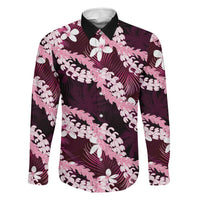 Puakenikeni Maile Lei Family Matching Off Shoulder Short Dress and Hawaiian Shirt Frangipani Pink Tropical Leaves LT01 Dad's Shirt - Long Sleeve Pink - Polynesian Pride