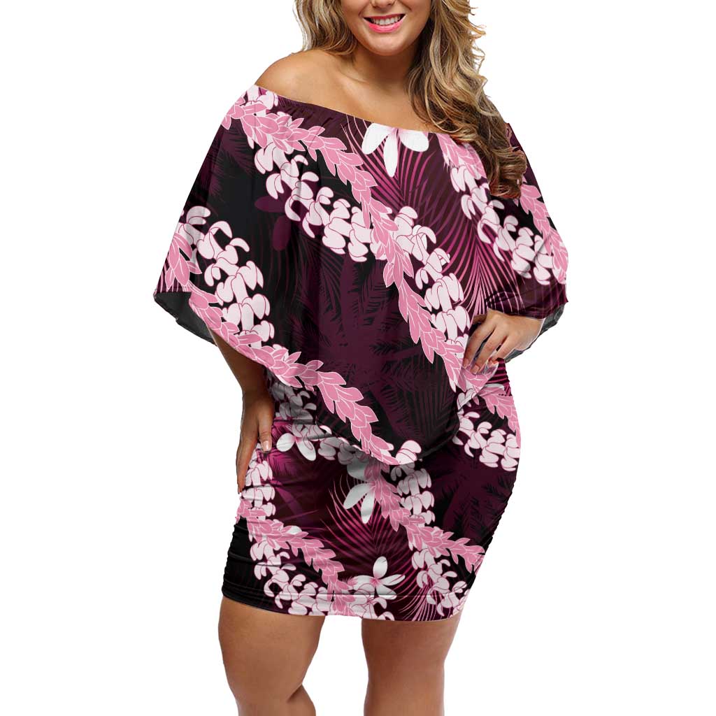Puakenikeni Maile Lei Family Matching Off Shoulder Short Dress and Hawaiian Shirt Frangipani Pink Tropical Leaves LT01 Mom's Dress Pink - Polynesian Pride