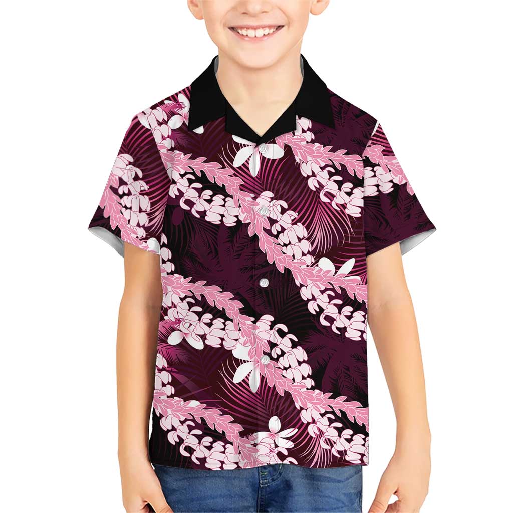 Puakenikeni Maile Lei Family Matching Off Shoulder Short Dress and Hawaiian Shirt Frangipani Pink Tropical Leaves LT01 Son's Shirt Pink - Polynesian Pride
