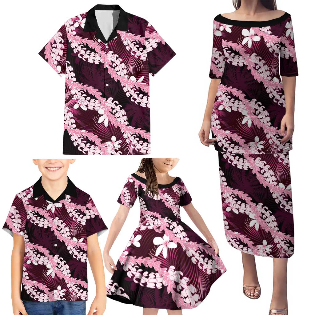 Puakenikeni Maile Lei Family Matching Puletasi and Hawaiian Shirt Frangipani Pink Tropical Leaves LT01 - Polynesian Pride