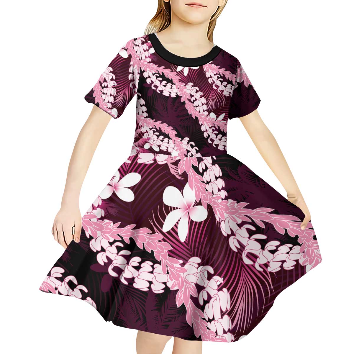 Puakenikeni Maile Lei Kid Short Sleeve Dress Frangipani Pink Tropical Leaves