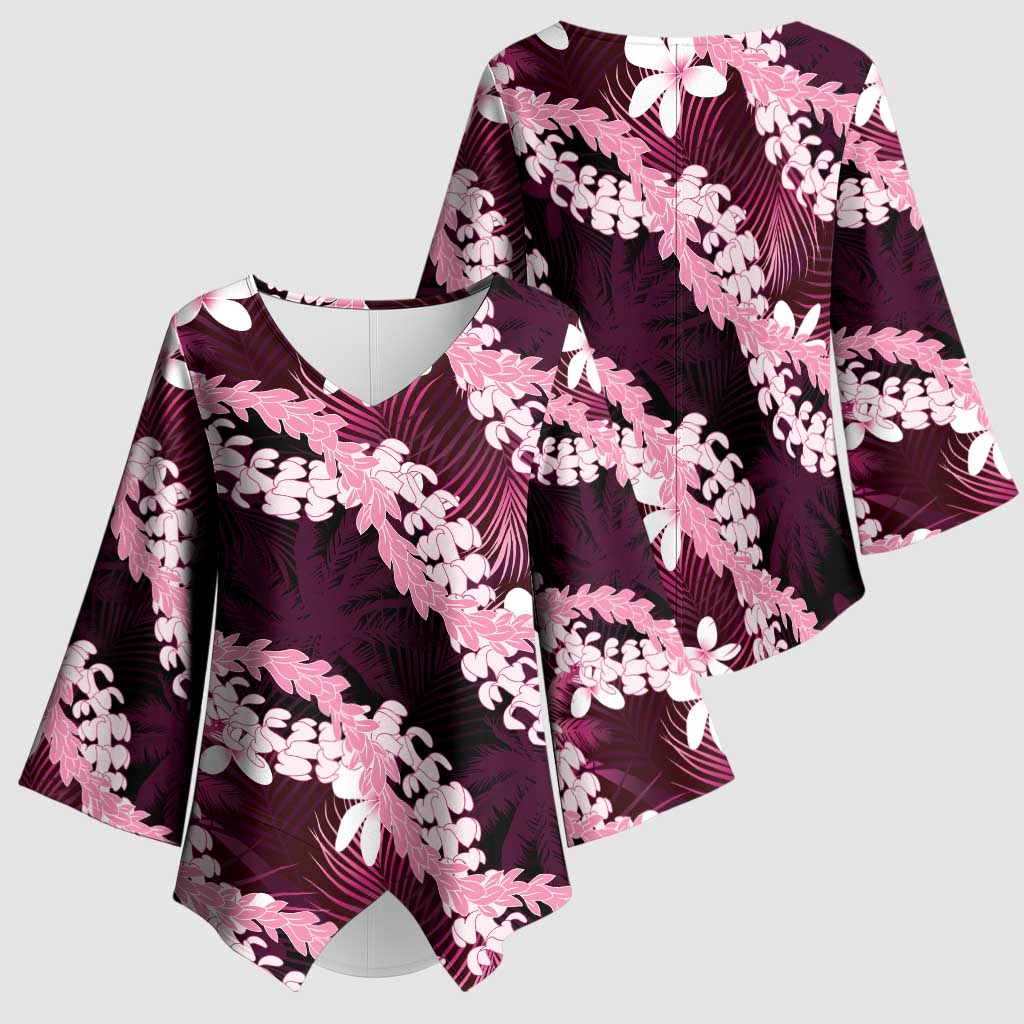 Puakenikeni Maile Lei Kimono Sleeve Blouse Frangipani Pink Tropical Leaves LT01 - Polynesian Pride