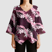 Puakenikeni Maile Lei Kimono Sleeve Blouse Frangipani Pink Tropical Leaves LT01 - Polynesian Pride