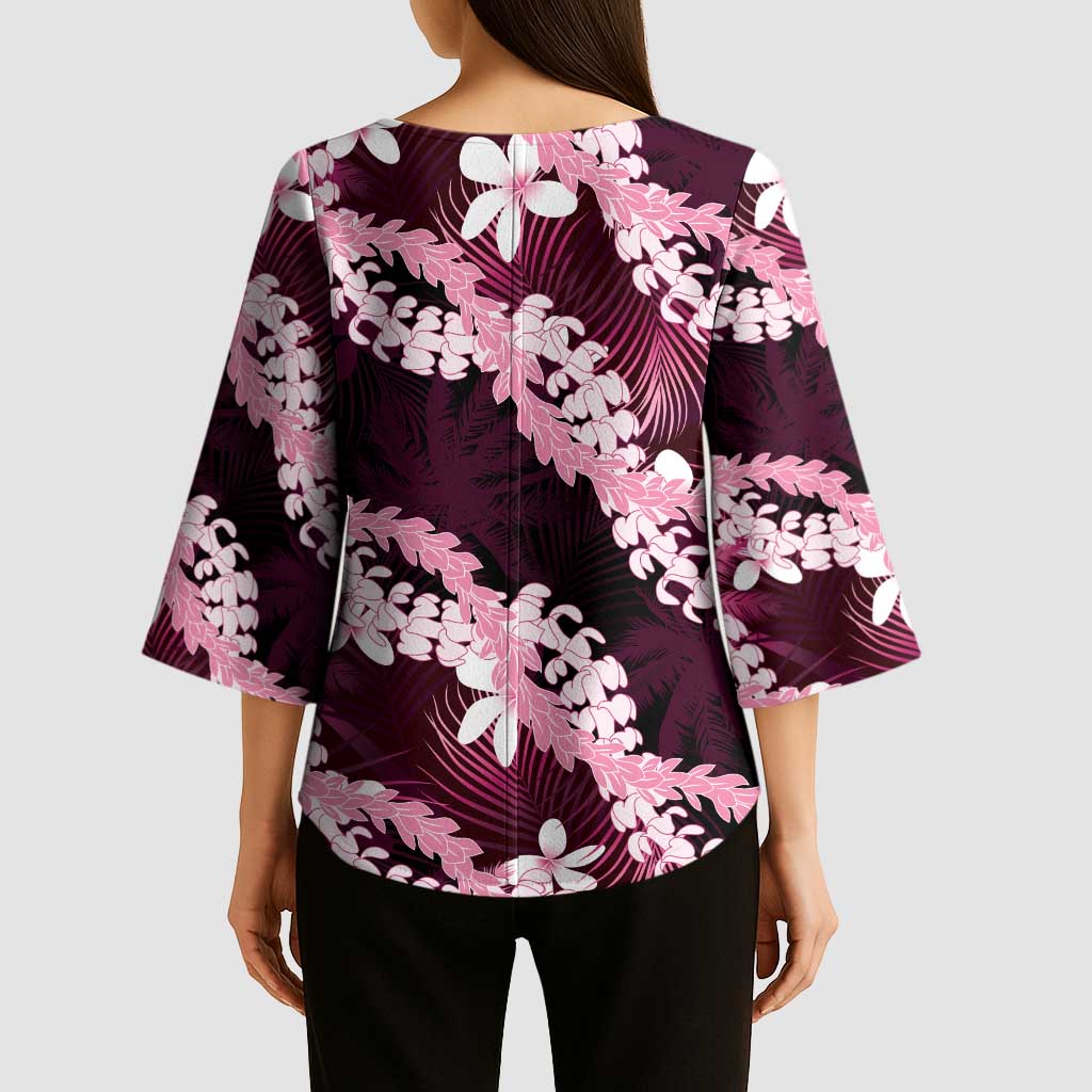 Puakenikeni Maile Lei Kimono Sleeve Blouse Frangipani Pink Tropical Leaves LT01 - Polynesian Pride