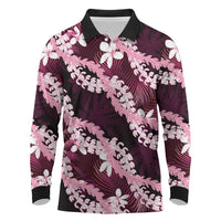 Puakenikeni Maile Lei Long Sleeve Polo Shirt Frangipani Pink Tropical Leaves