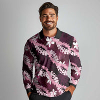 Puakenikeni Maile Lei Long Sleeve Polo Shirt Frangipani Pink Tropical Leaves