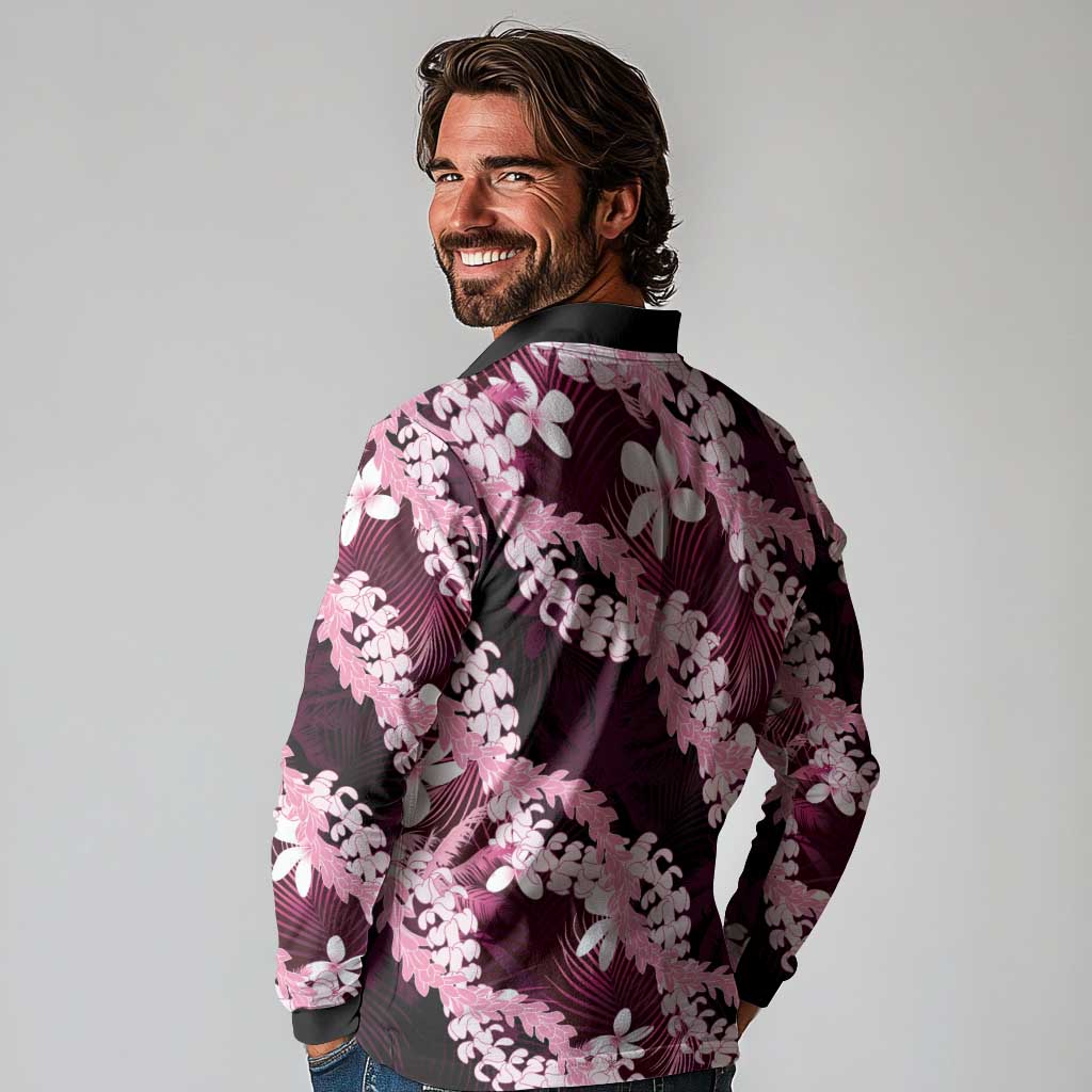 Puakenikeni Maile Lei Long Sleeve Polo Shirt Frangipani Pink Tropical Leaves