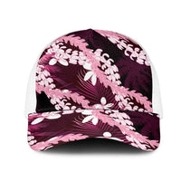 Puakenikeni Maile Lei Mesh Trucker Cap Frangipani Pink Tropical Leaves