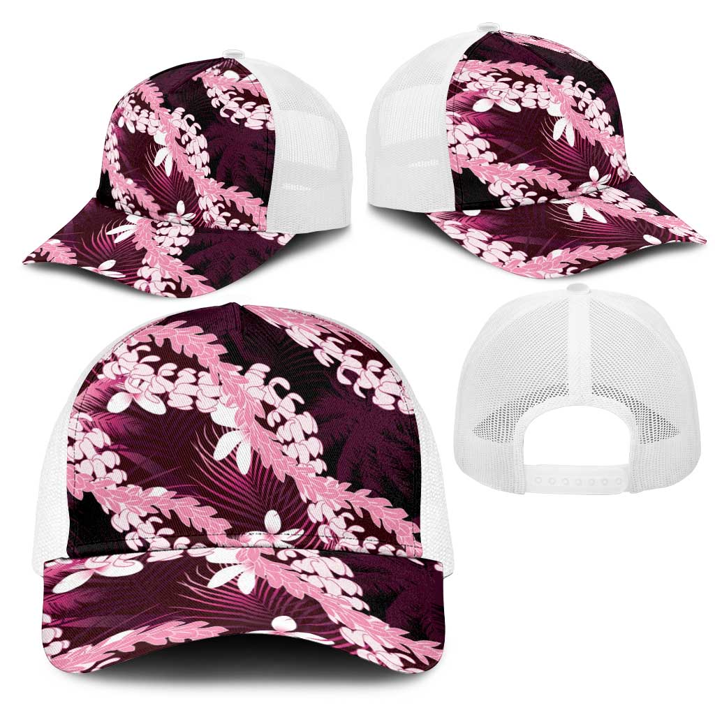 Puakenikeni Maile Lei Mesh Trucker Cap Frangipani Pink Tropical Leaves