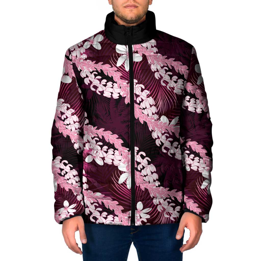 Puakenikeni Maile Lei Padded Jacket Frangipani Pink Tropical Leaves