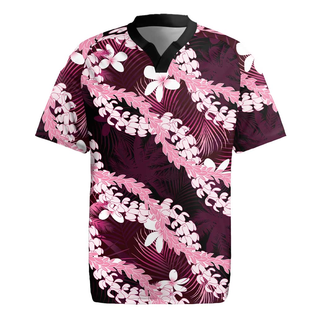 Puakenikeni Maile Lei Rugby Jersey Frangipani Pink Tropical Leaves
