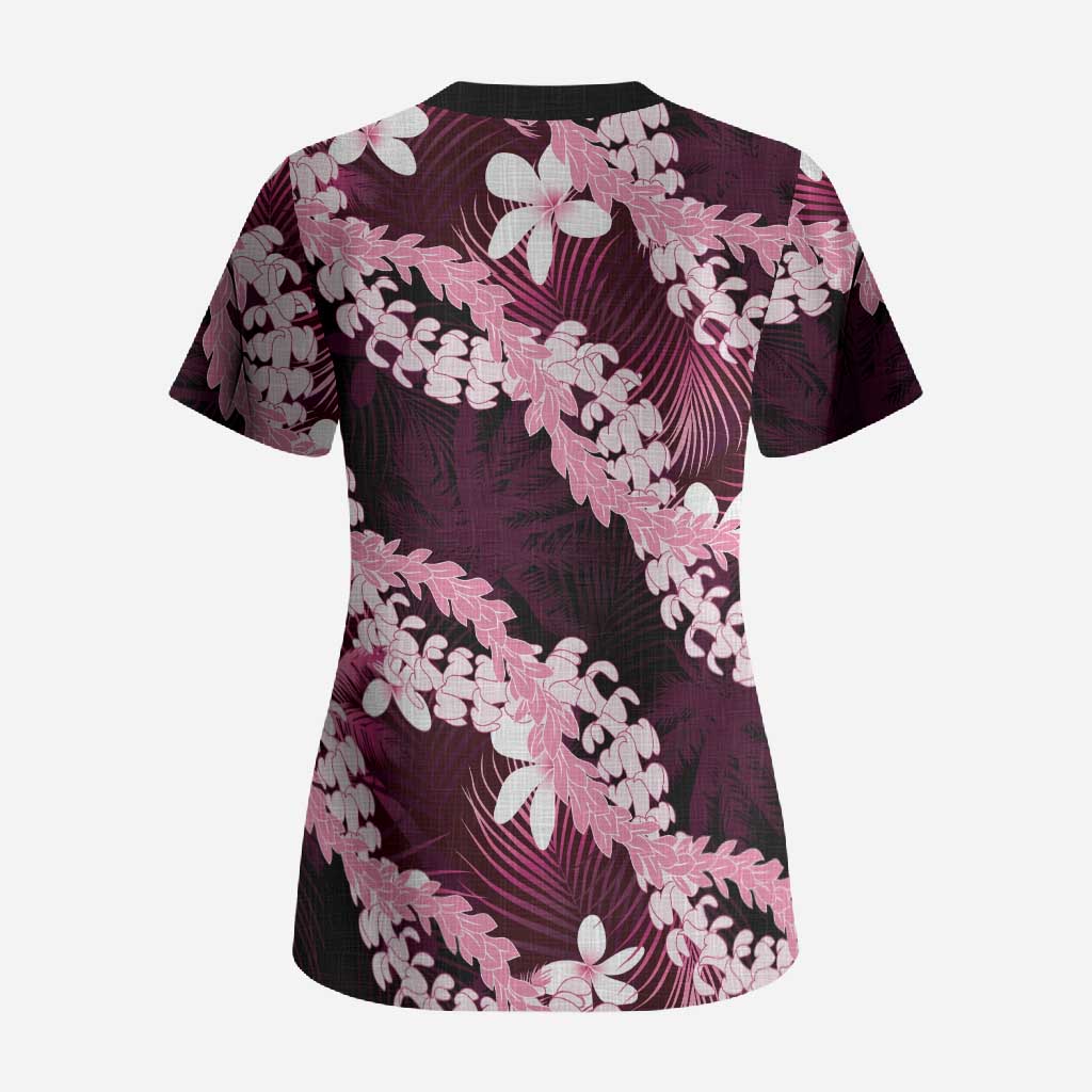 Puakenikeni Maile Lei Scrub Top Frangipani Pink Tropical Leaves LT01 - Polynesian Pride