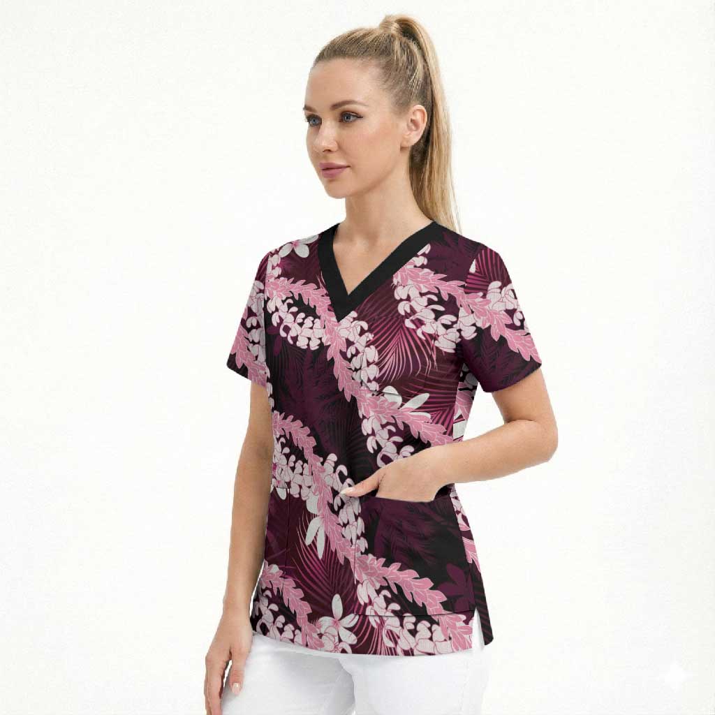 Puakenikeni Maile Lei Scrub Top Frangipani Pink Tropical Leaves LT01 - Polynesian Pride