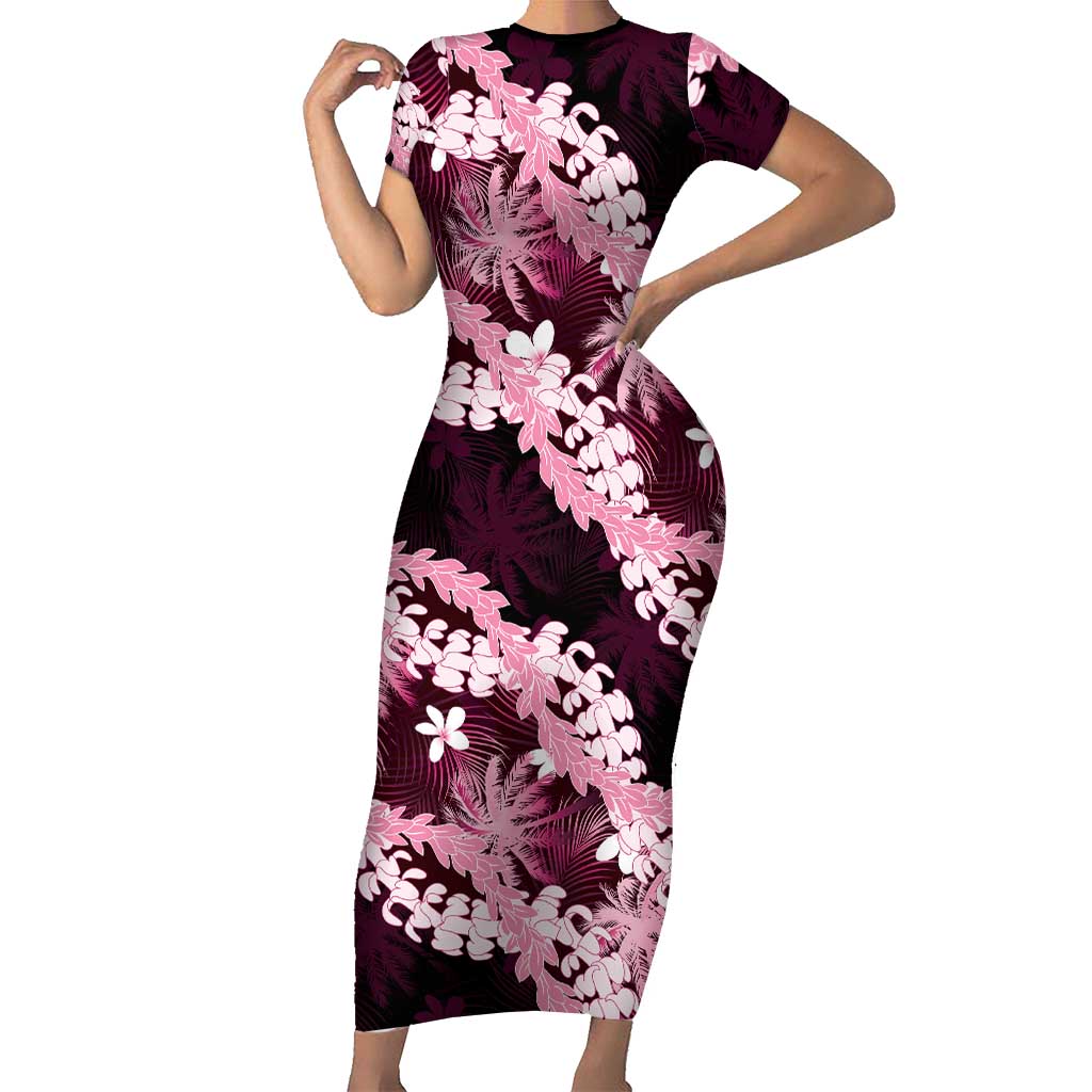 Puakenikeni Maile Lei Short Sleeve Bodycon Dress Frangipani Pink Tropical Leaves LT01 Long Dress Pink - Polynesian Pride
