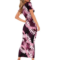 Puakenikeni Maile Lei Short Sleeve Bodycon Dress Frangipani Pink Tropical Leaves LT01 - Polynesian Pride
